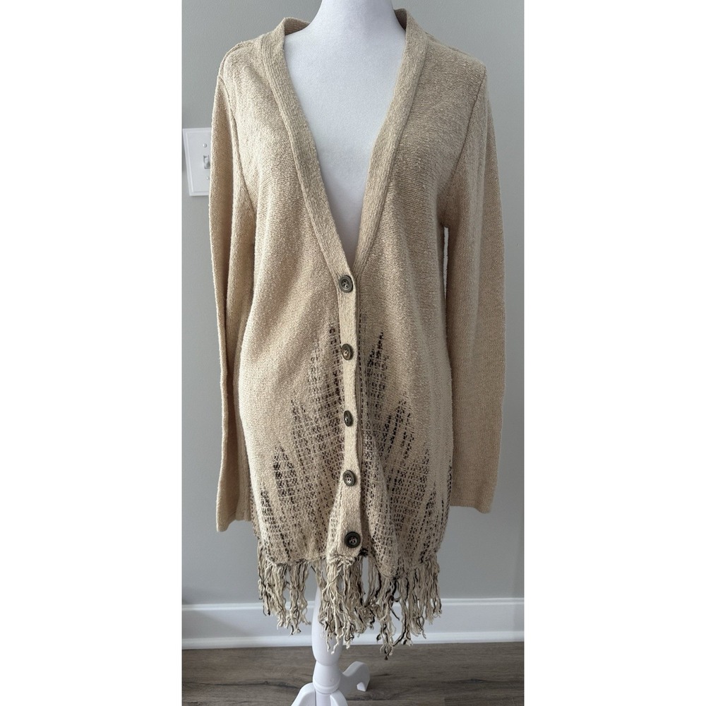 BKE Boutique Women's Fringe Knit Cardigan Sweater Beige Brown Long Sleeve M
